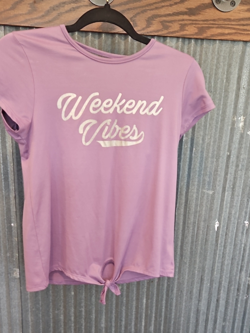 btween Lavender "Weekend Vibes" Short Sleeve Tie-Hem Tee